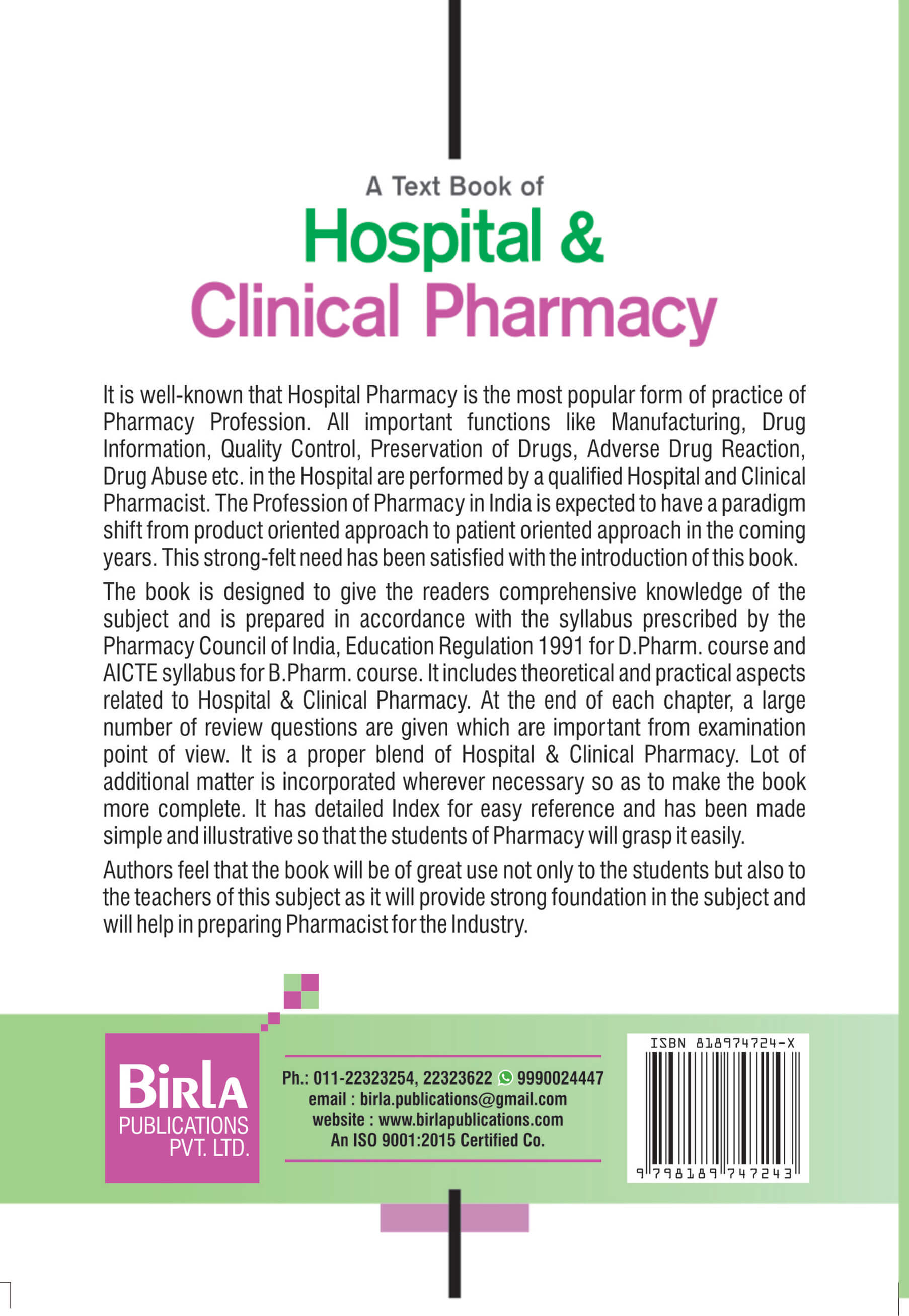 HOSPITAL & CLINICAL PHARMACY || Birla Publications Pvt. Ltd.